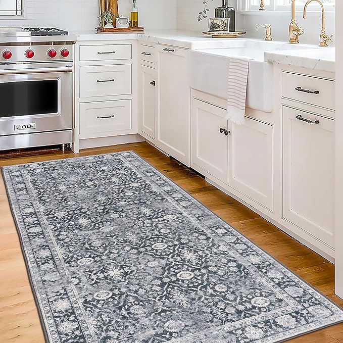 ReaLife Rugs Machine Washable Area Rug - Living Room Bedroom Bathroom Kitchen Entryway Office - Padded Low Pile Stain Resistant Premium - Boho Farmhouse Vintage - Noor - Dark Gray Ivory 2'6" x 8'