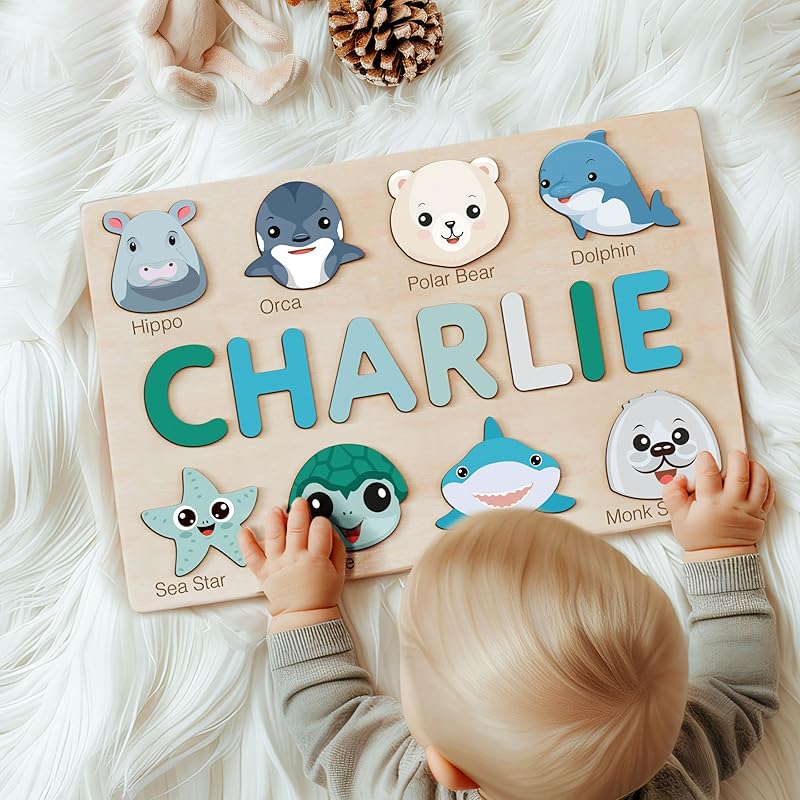Custom Baby Name Puzzle with Animals, Baby Girl and Boy Gift, Personalized Puzzles for Toddlers, 3 6 9 12 15 18 24 36 Months Toy, Custom Baby Gift, Boy and Girl Personalized Wood Toy, Christmas Gift