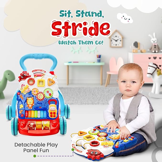 YOLAY Baby Walker Push with Wheels, Sit-to-Stand Walker for Baby Boy and Girl 6-12 Months with Detachable Play Panel, Stable Handle, Early Learning Activity for Kids - Blue