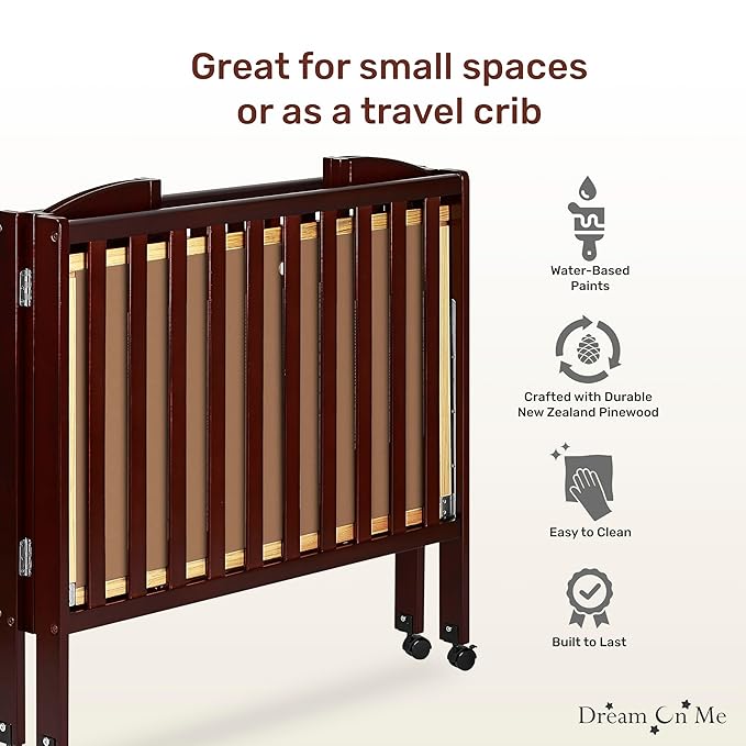 Dream On Me 3 In 1 Portable Folding Stationary Side Crib In Espresso, Greenguard Gold Certified, Safety Wheel With Locking Casters, Convertible, 3 Mattress Heights