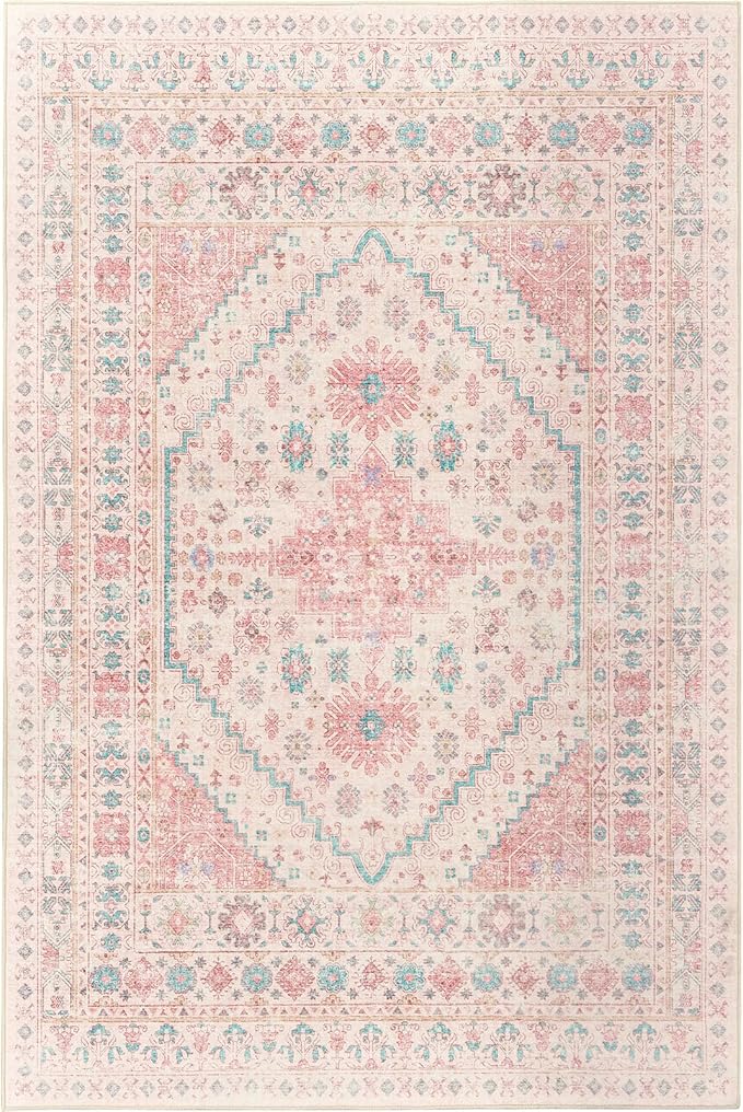 zesthome 8x10 Area Rugs for Girls Bedroom, Non-Slip Backing Washable Rugs, Vintage Large Pink Rug, Stain Resistant Nursery Room Rug (Pink/Blue,8'x10')