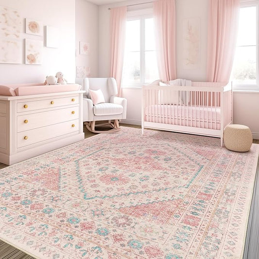 zesthome Pink Rug - 5x7 Area Rugs for Bedroom, Stain Resistant Washable Rugs for Nursery Room, Living Room, Home Decor, Girls Rug (Pink/Blue,5'x7')