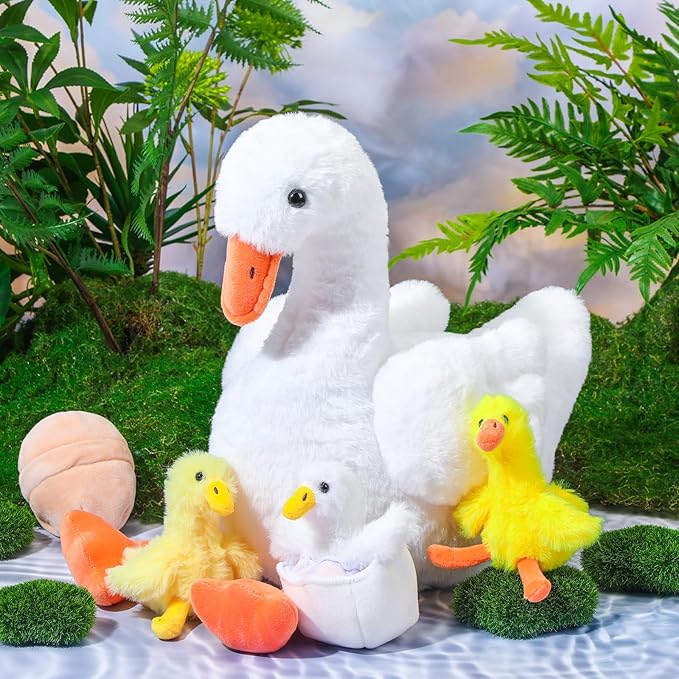 HyDren 5 Pcs Goose Stuffed Animal Family Plush Toy Gift One Silly Goose Birthday Decor Kid Kindergarten Back to School Classroom Cute 10 Inch Mommy with 3 Cute Babies in Her Belly Soft Cuddly Plushie