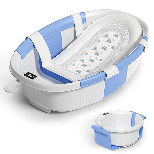 Collapsible Baby Bathtub for Newborn to Toddler 0-36 Months,Extra Large Foldable Infant Bath Tub with Thermometer,Cushion & Drain Hole,Portable Travel Tub, Baby Shower Gift Blue