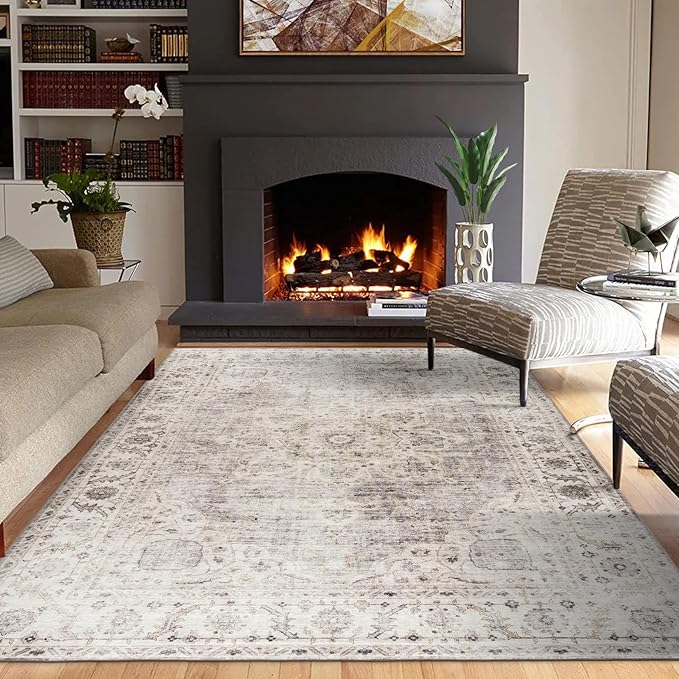 ReaLife Rugs Machine Washable Area Rug - Living Room Bedroom Bathroom Kitchen Entryway Office - Padded Low Pile Stain Resistant Premium - Boho Farmhouse Vintage - Joy - Beige Ivory 7'6" x 9'6"