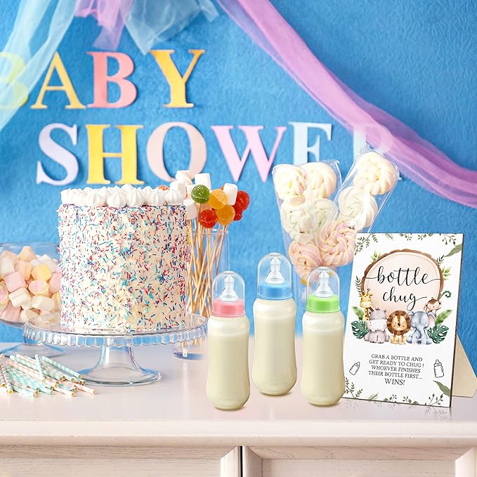 Roowest Bottle Chug Baby Shower Game Favors 12 Pcs Baby Bottles Shower Favor with 1 Wooden Sign for Gender Reveal Party Supplies Gifts(Animals)