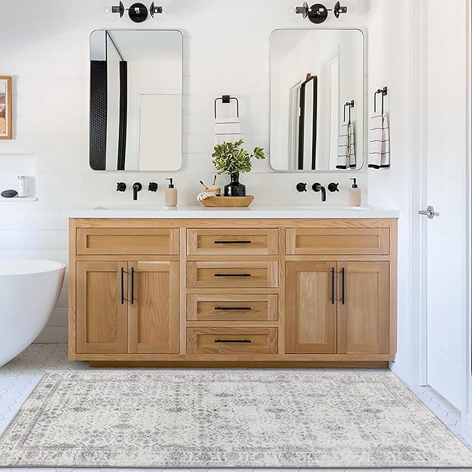 ReaLife Rugs Machine Washable Area Rug Runner - Living Room Bedroom Bathroom Kitchen Entryway Office - Padded Low Pile Stain Resistant Premium - Boho Farmhouse Vintage - Noor - Silver Ivory 2'6" x 8'