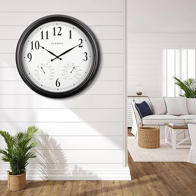 CLXEAST Indoor Outdoor Clocks Waterproof 16 Inch, Large Outdoor Clock with Temperature and Humidity for Patio,Porch,Pool,Oil Rubbed Bronze Black Finish,House Warming Gifts New Home