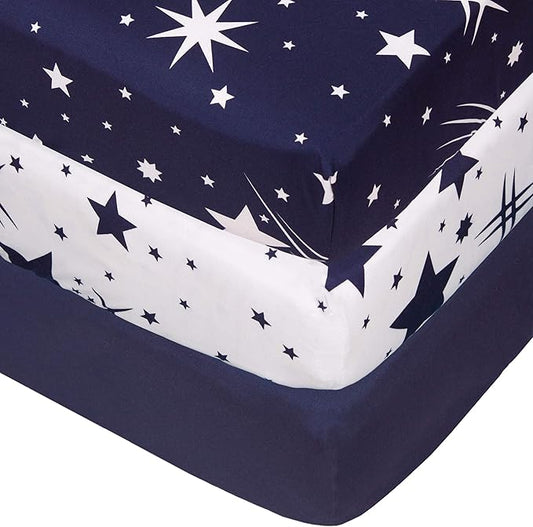 Belsden 3 Pack Microfiber Durable Crib Sheets Fitted, Silky Soft Smooth Breathable Baby Sheets Set, 28''x52 Fits Standard Crib and Toddler Mattresses,White Star & Navy & Navy Star
