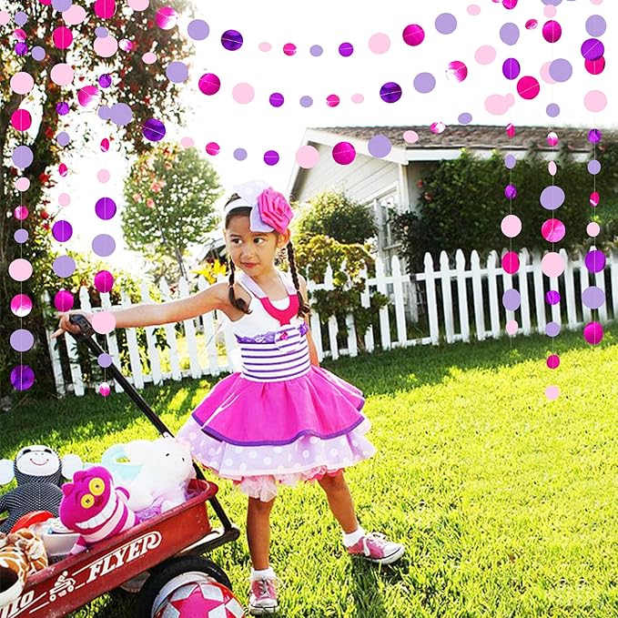 Pink and Purple Party Decorations Circle Dots Garland Hot Pink Lavender Hanging Polka Dot Streamer for Girls Birthday Baby Shower Bridal Shower Wedding Bachelorette Anniversary Party Supplies