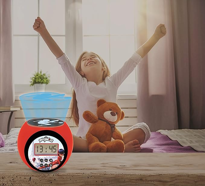 LEXiBOOK - Miraculous Projector Alarm Clock with Snooze Function and Alarm Function, Night Light with Timer, LCD Screen, Battery Operated, Red/Black, RL977MI