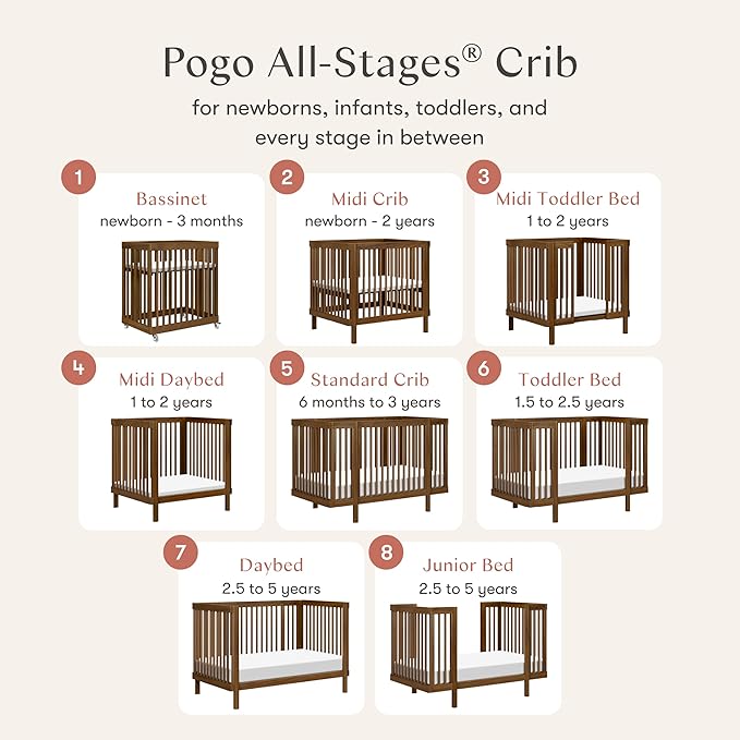 babyletto Pogo 8-in-1 All Stages Convertible Crib - GREENGUARD Gold Certified - Baby Crib Conversion Kits for Bassinet & Full-Size Crib to Toddler Bed, Baby Bed & More - Portable & Adjustable