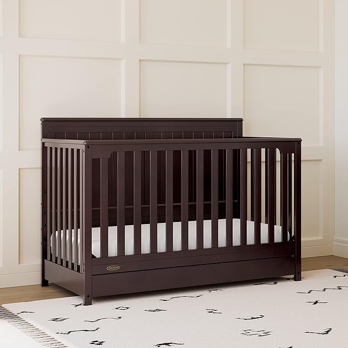 Graco Hadley 5-in-1 Convertible Crib with Drawer (Espresso) – GREENGUARD Gold Certified, Fits Standard Crib Mattress, Converts to Toddler Bed, Daybed and Full Bed, 4 Adjustable Mattress Heights