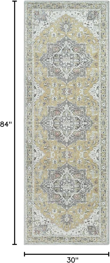 Bloom Rugs Washable Non-Slip 7 ft Runner - Yellow Traditional Medallion Runner for Entryway, Hallway, Bathroom, and Kitchen - Exact Size: 2.5' x 7'