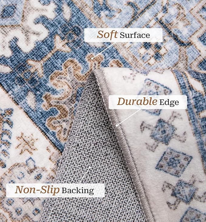 zesthome 9x12 Area Rugs,Stain Resistant Washable Rug,Ultra-Thin Rugs for Living Room,Bedroom,Non-Slip Backing Home Decor Large Area Rug (Blue/Beige,9'x12')