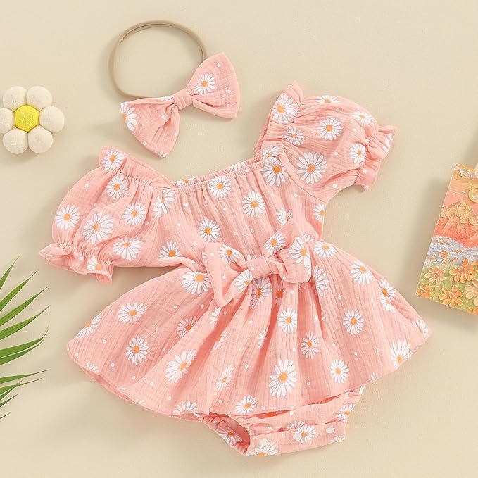 Baby Girls Floral Cotton Leotard Romper Newborn Daisy Playsuits Ruffled Sleeve Onesie Infant Jumpsuit Clothes Headband