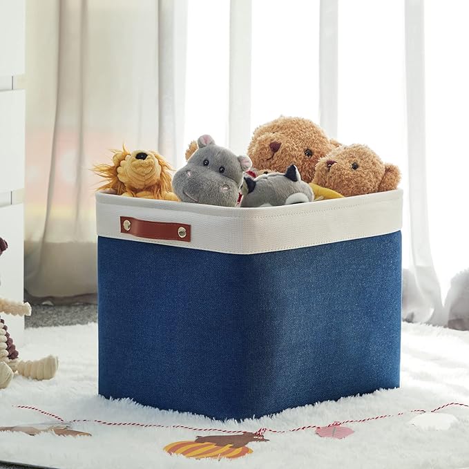 HNIZGE Large Rectangle Basket Fabric Baskets for Organizing [2 Pack] Tall Storage Basket Navy Blue Baskets 16" x 11.8" x 11.8" Shelf Baskets for Storage Linen Closet Organizers (Blue&White)