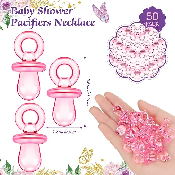 Thyle 51 Pcs Pacifier Hunt Baby Shower Games Include Hunt Sign and 50 Acrylic Pacifiers for Baby Shower Game Decoration Gift Sets Gender Reveal Party Decor(Butterfly)