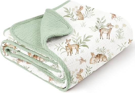 Konssy Muslin Baby Blankets for Girls Boys, 100% Cotton Crib Blanket for Infant Toddler, Super Soft and Lightweight Nursery Swaddling Wrap 40"x36" (Woodland)