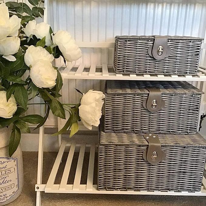 Set of 3 Woven Storage Basket Bin Wicker Hamper Stackable Box with Lid & Lock, Container Tote Cube Organizer for Nursery, Baby Toiletry, Diaper, Toys, Home Closet, Laundry, DVD, Book (Grey)