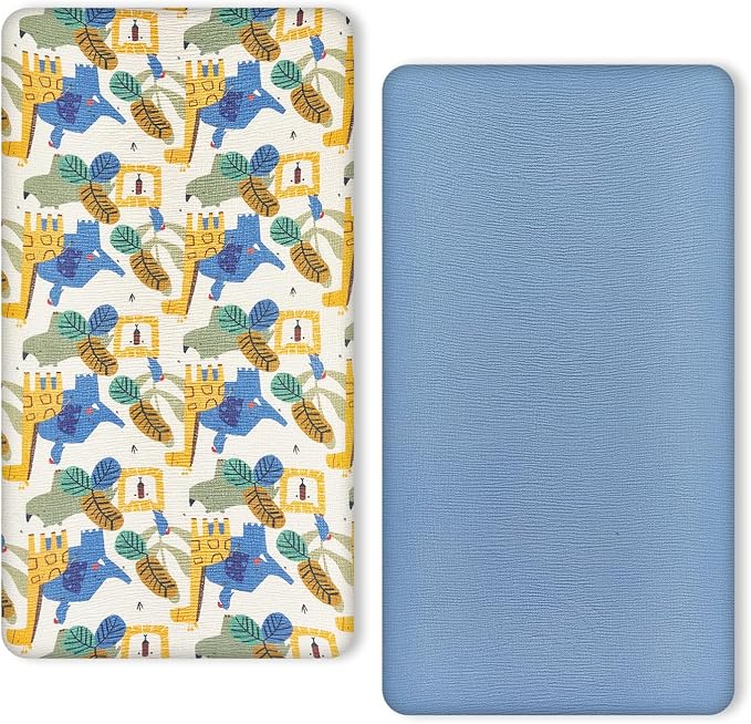 TILLYOU Muslin Crib Sheets for Boys and Girls 2 Pack, Neutral Soft Cotton Baby Crib Mattress Protector, for 52x 28 Toddler Bed, Animal Geometry & Blue