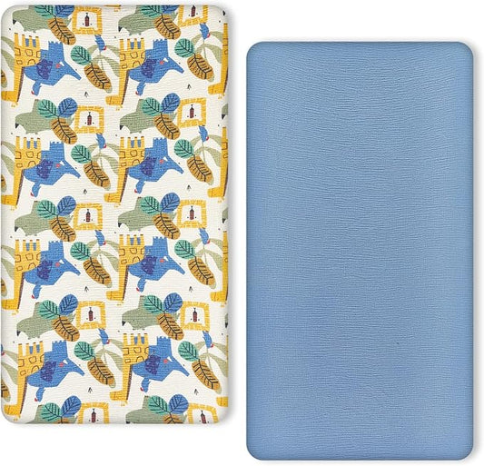 TILLYOU Muslin Crib Sheets for Boys and Girls 2 Pack, Neutral Soft Cotton Baby Crib Mattress Protector, for 52x 28 Toddler Bed, Animal Geometry & Blue
