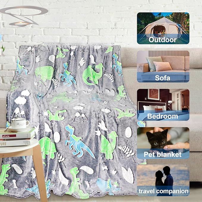 TEHALK Personalized Dinosaur Glow in The Dark Kids Throw Blanket, 30"x40", Multicolor
