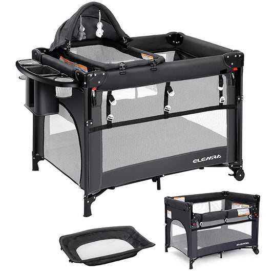 ELEMARA 5 in 1 Pack and Play, Adjustable Baby Bedside Bassinet Sleeper,1-Second Setup Foldable Playard from Newborn to Toddles,Bedside Crib with Changing Table,Portable Travel Bassinet,Ziper Door,Gray