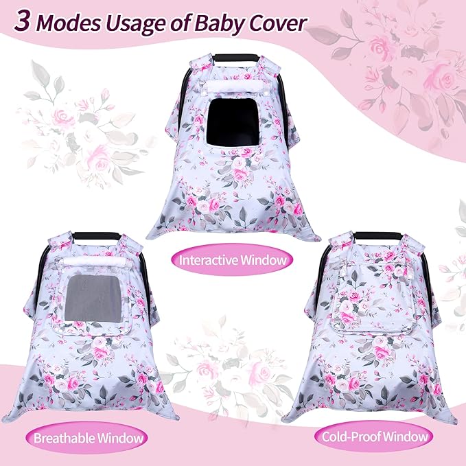 Car Seat Cover Baby, Carseat Covers Baby with 2 Layers Breathable Windows, Windproof Infant Car Seat Cover, Kick-Proof Baby Carrier Cover for Baby Girl Newborn Essentials