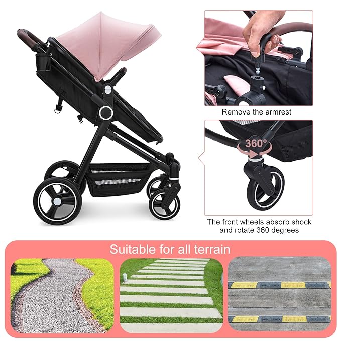 2 in 1 Baby Stroller for Toddler 0-3, Bassinet Stroller for NewbornToddler with Large Storage Basket, Removable Seat, Cup Holder, Shock Absorbing