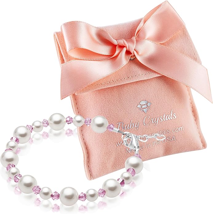 Sterling Silver Initial Charm Personalized Birthstone Bracelets for Girls, Baby Girl, Birthday Gifts for, Newborn, infant, Toddler, Teen, Pearl Bracelet, Birthstone Jewelry Crystals