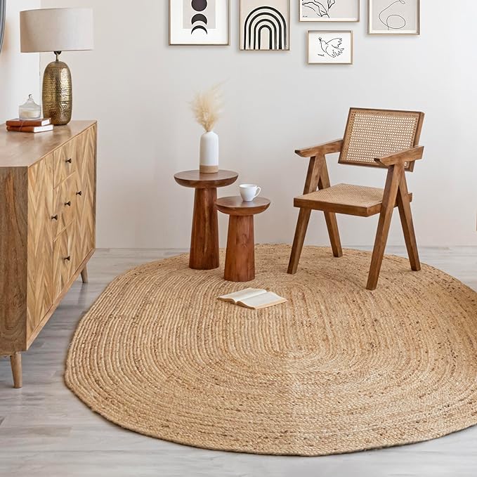 HOMEMONDE Reversible Oval Jute Area Rug - 5 x 8 ft Hand Woven Natural Fiber - Farmhouse Braided Rugs for Dining Room/Hallway/Office/Kitchen/Bedroom (Natural)