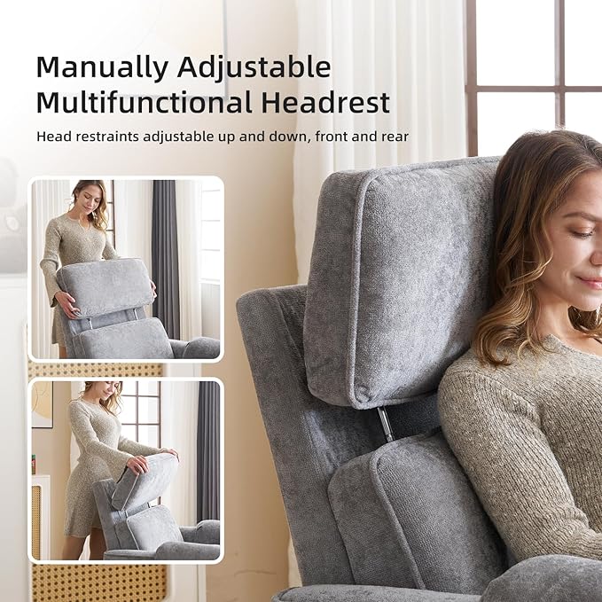 Oversized Power Recliner Chair, 26" Extra Wide Swivel Rocker Recliner with Adjustable Headrest, Chenille Glider Rocking Nursery Chair with Overstuffed Armrest, USB Ports, Grey