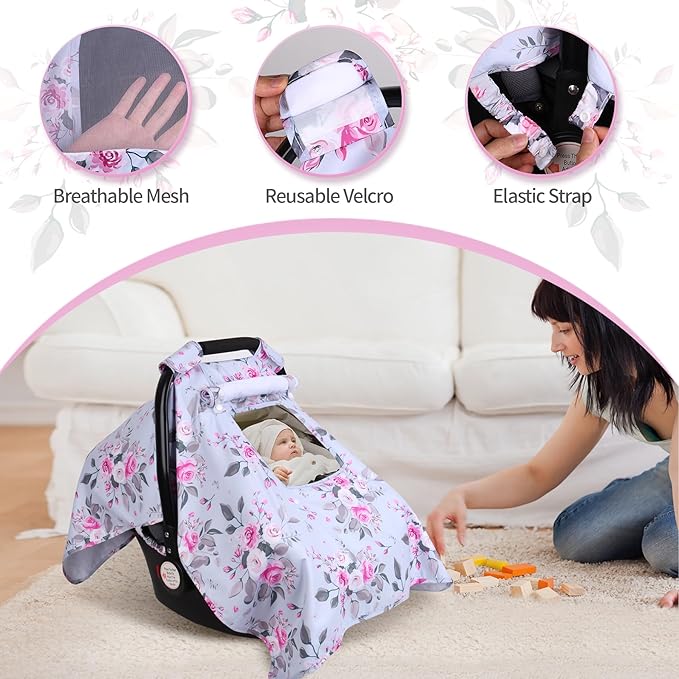 Car Seat Cover Baby, Carseat Covers Baby with 2 Layers Breathable Windows, Windproof Infant Car Seat Cover, Kick-Proof Baby Carrier Cover for Baby Girl Newborn Essentials