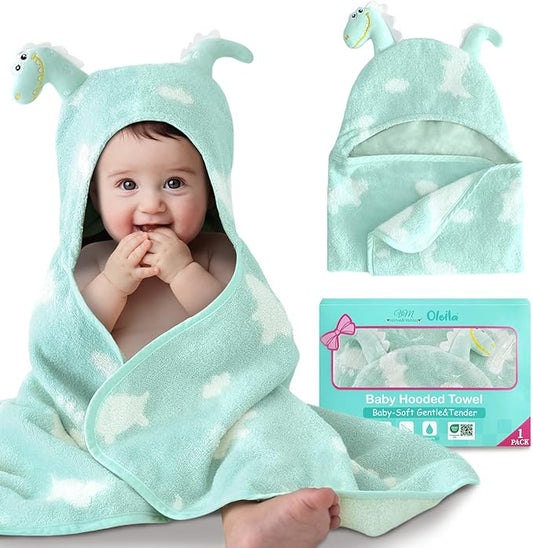 VOOVA & MOVAS Baby Hooded Bath Towel - 100% Cotton, 35.5x24 Inches,0-3Years, Super Absorbent Large Hood with Cute Dino for Newborn, Baby, Toddler,Dino