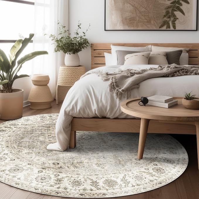 ReaLife Rugs Machine Washable Area Rug - Living Room Bedroom Bathroom Kitchen Entryway Office - Padded Low Pile Stain Resistant Premium - Boho Farmhouse Vintage - Joy - Beige Ivory 6' Round