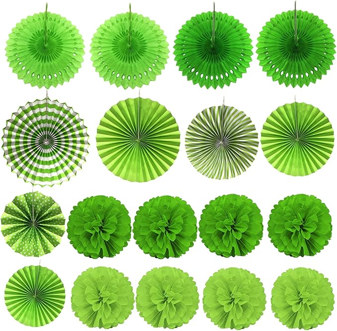 ZERODECO Party Decoration, 21 Pcs Green Hanging Paper Fans, Pom Poms Flowers, Garlands String Polka Dot and Triangle Bunting Flags for Golf Party Dinosaur Birthday Parties Arbor Day