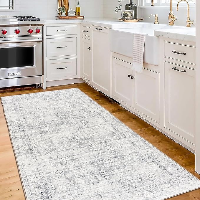 ReaLife Rugs Machine Washable Area Rug Runner - Living Room Bedroom Bathroom Kitchen Entryway Office - Padded Low Pile Stain Resistant Premium - Boho Farmhouse Vintage - Noor - Silver Ivory 2'6" x 6'