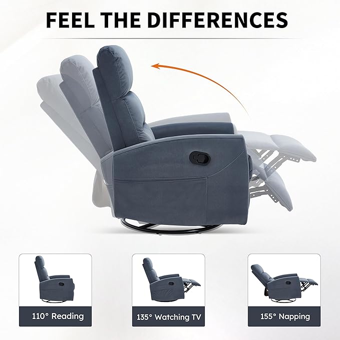 360° Swivel Rocking Chair for Nursery, Manual Glider Chair Nursing Chair with Side Pockets, Polyester Glider for Living Room, Heavy Duty Motion Mechanism, Blue Gray