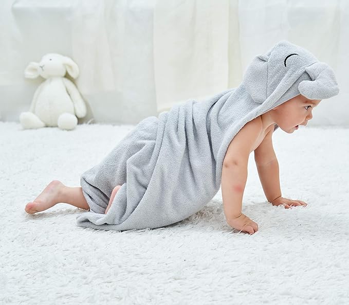 HIPHOP PANDA Hooded Towel - Rayon Made from Bamboo, Bath Towel with Bear Ears for Newborn, Babie, Toddler, Infant - Absorbent Large Baby Towel - Grey Elephant, 37.5 x 37.5 Inch