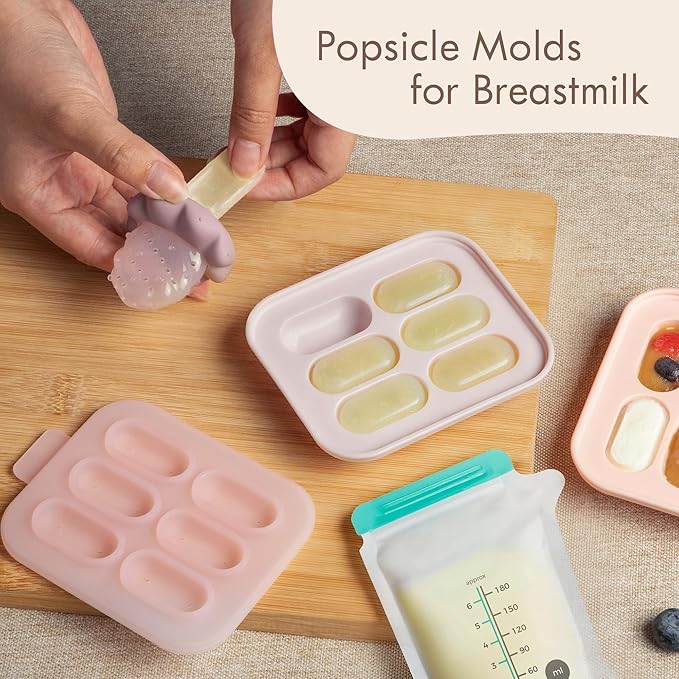 Moonkie Baby Fruit Feeder with Freezer Tray, Breastmilk Popsicle Molds for Teething Relief, BPA Free Silicone Food Feeder for Infant Self Feeding, Two Pouches, Baby Shower Gifts 4 Months+, 2 Pack
