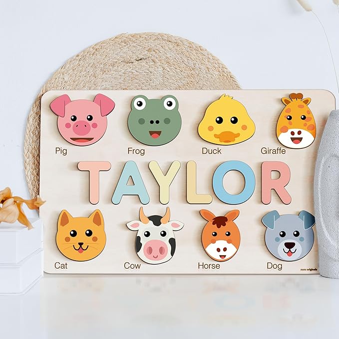 Custom Name Puzzle for Toddlers 1-3, 1 Year Old Girl Gifts, 1st Birthday Gifts Boy, ABC Wooden Puzzle Animals and Alphabet Learning Puzzles Toys for Babies, Preschool Montessori Toys
