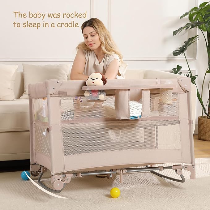5 in 1 Pack and Play, Portable Travel Baby Bassinet, Foldable Travel Playard Playpen for Toddler, Bedside Crib Sleeper, Diaper Changer Table, Baby Playard for Newborn (Champagne)