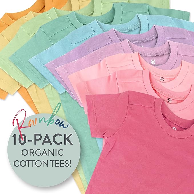 HonestBaby 10-Pack Short Sleeve T-shirts 100% Organic Cotton Baby, Toddler, Little Kids, Boys, Girls, Unisex