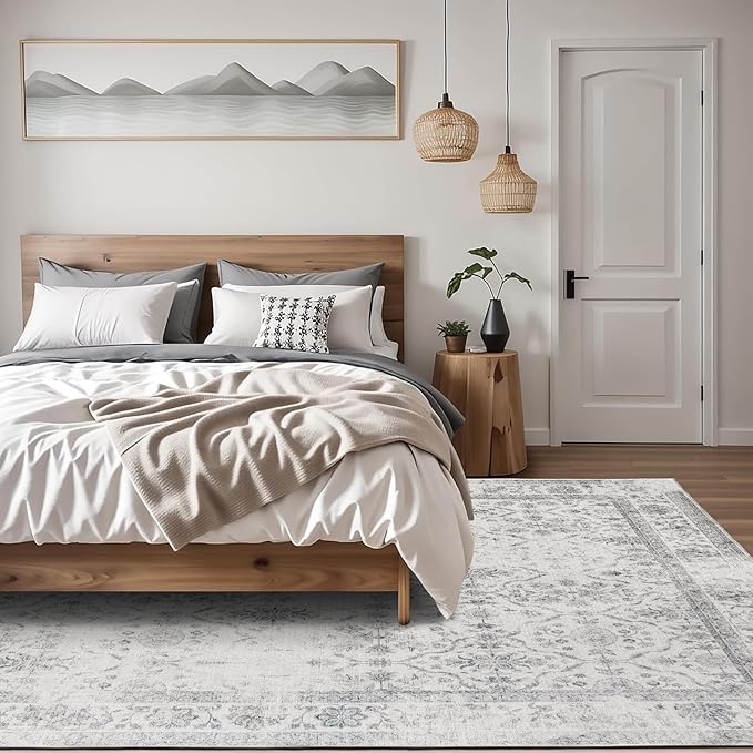 ReaLife Rugs Machine Washable Area Rug - Living Room Bedroom Bathroom Kitchen Entryway Office - Padded Low Pile Stain Resistant Premium - Boho Farmhouse Vintage - Noor - Ivory Grey 5' x 7'