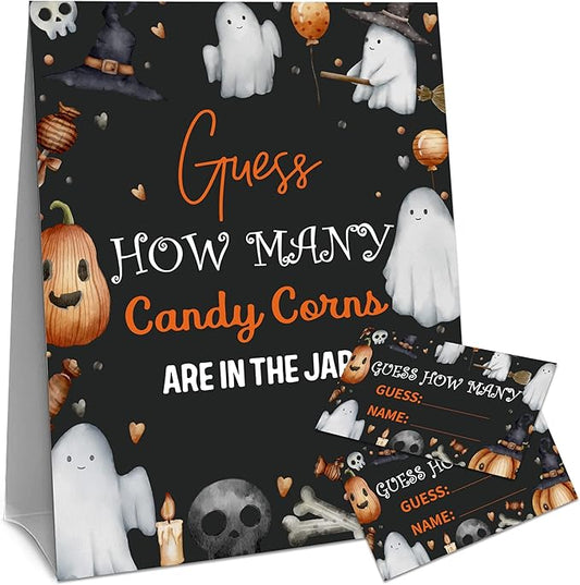 Halloween How Many Candy Corns Are In The Jar - 1 Standing Sign & 50 Guessing Cards - Halloween Ghosts Party Game & Decoration For Boys, Girls, Adults - Baby Shower, Birthday Game Set - A03