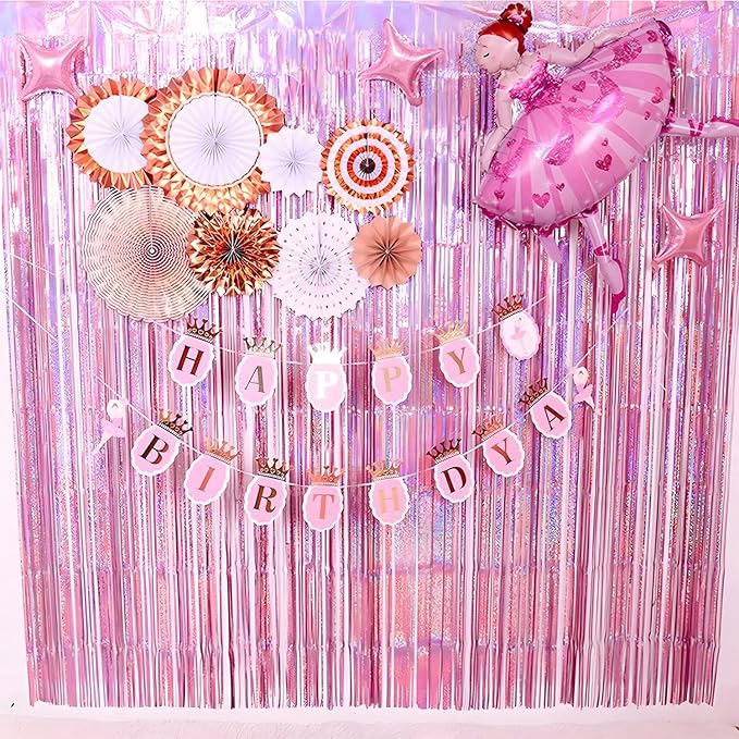 BRAVESHINE 1 Purple 1 Pink Streamers Party Photo Backdrop - 3.2 ft x 8.2 ft Metallic Tinsel Foil Fringe Curtains for Valentine’s Day/Women Birthdays/Engagement/Bridal Shower/Bachelorette Decorations