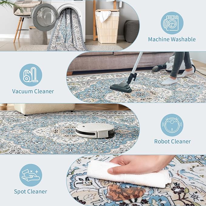 Ciicool Boho Area Rug 3’x5’ Blue Washable Bedroom Non-Slip Oriental Entry Soft Throw Low-Pile Indoor Rug Floor Carpet for Living Room Laundry Foyer Decor (Floral Medallion)