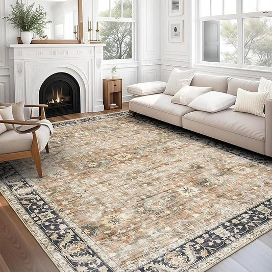 ReaLife Rugs Machine Washable Area Rug - Living Room Bedroom Bathroom Kitchen Entryway Office - Padded Low Pile Stain Resistant Premium - Boho Farmhouse Vintage - BEV - Beige Tan Brown 5' x 7'