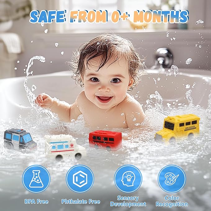 Mold Free Bath Toys, 6 Packs No Hole Baby & Toddler Bathtub Toys: Water Floating Vehicles Truck School Bus Car Toy, Sealed Soft Silicone Rubber Bath Toys for Kids ages 0+ (with Mesh Storage Organizer)